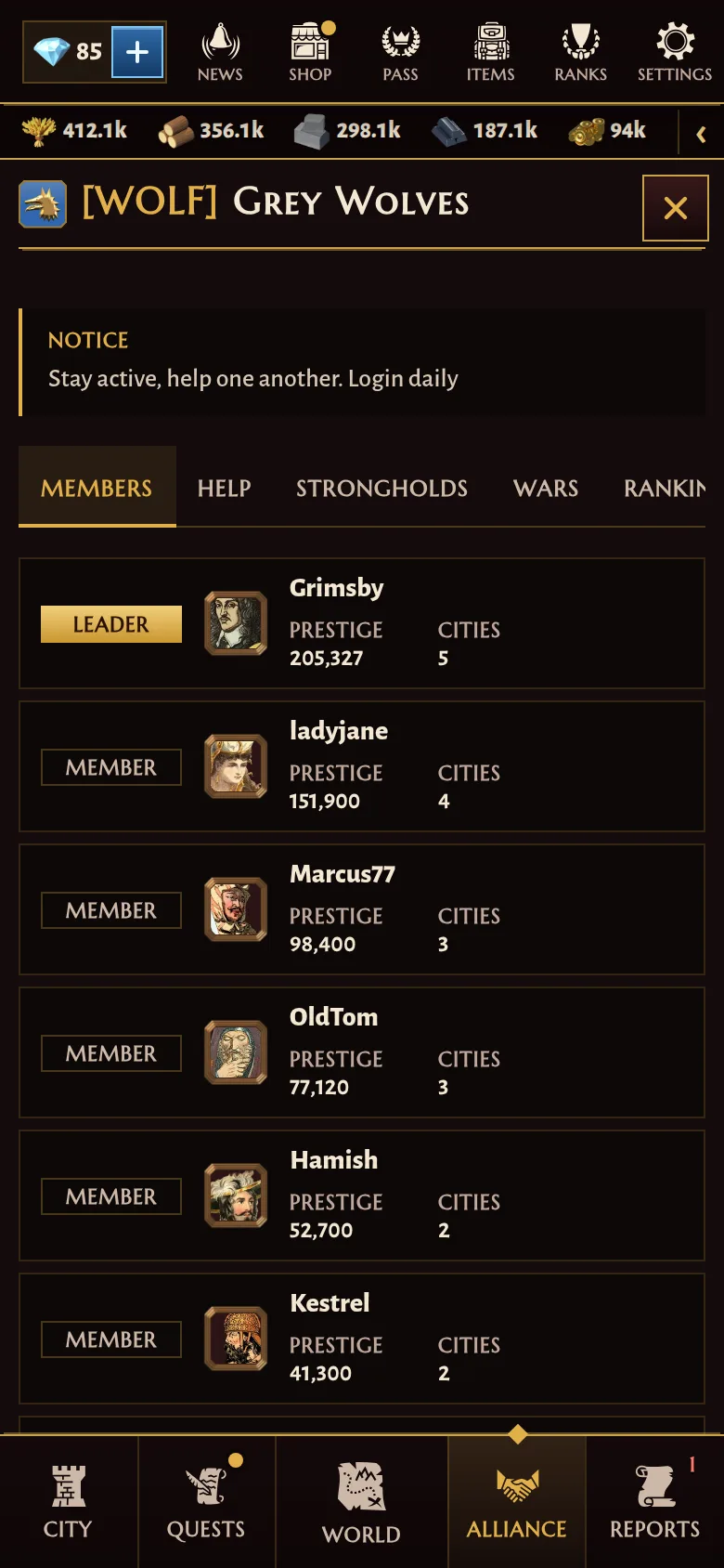 An alliance page on a phone