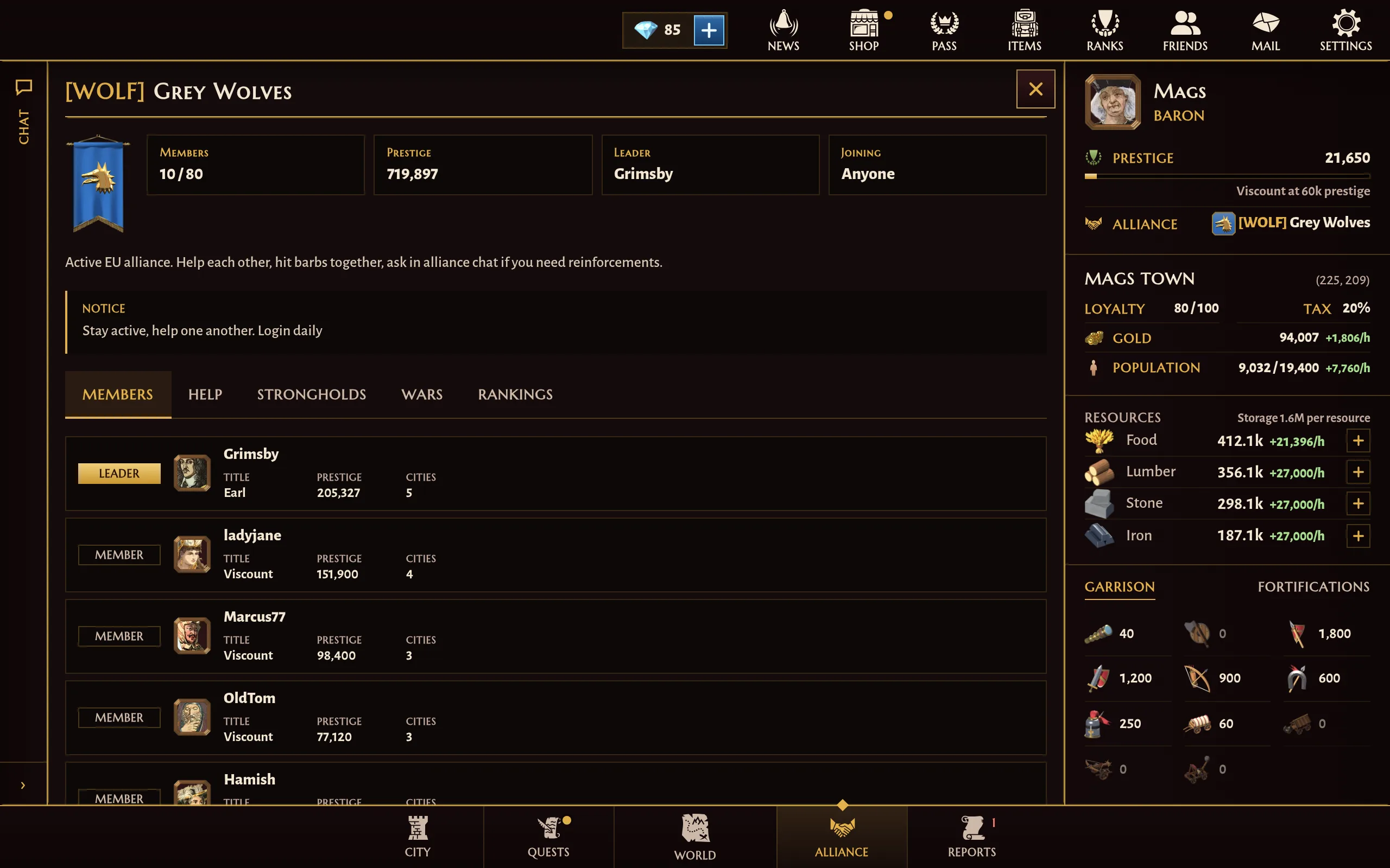 An alliance page on desktop, listing its members